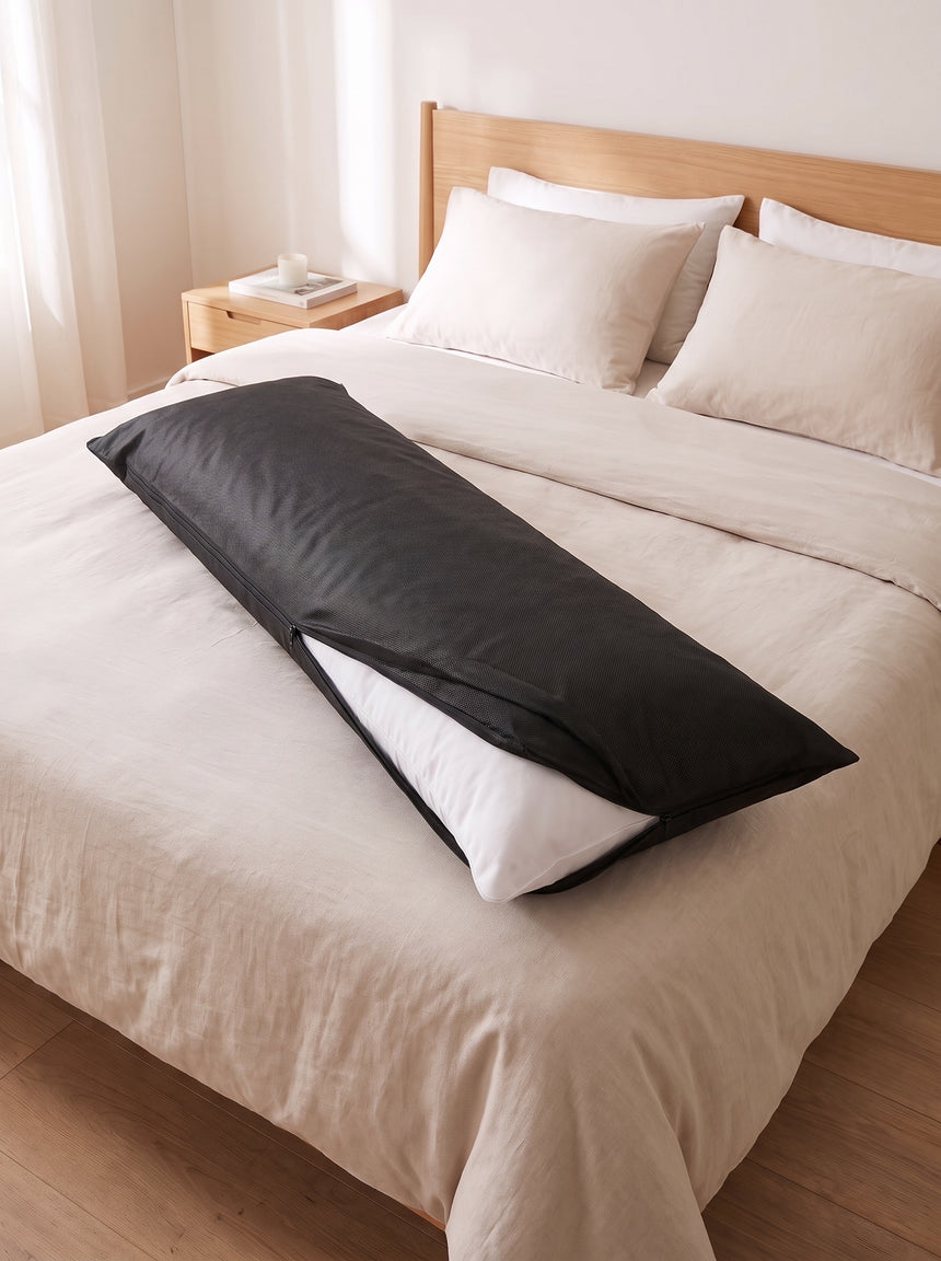 Protective case half unzipped with the white body pillow inside